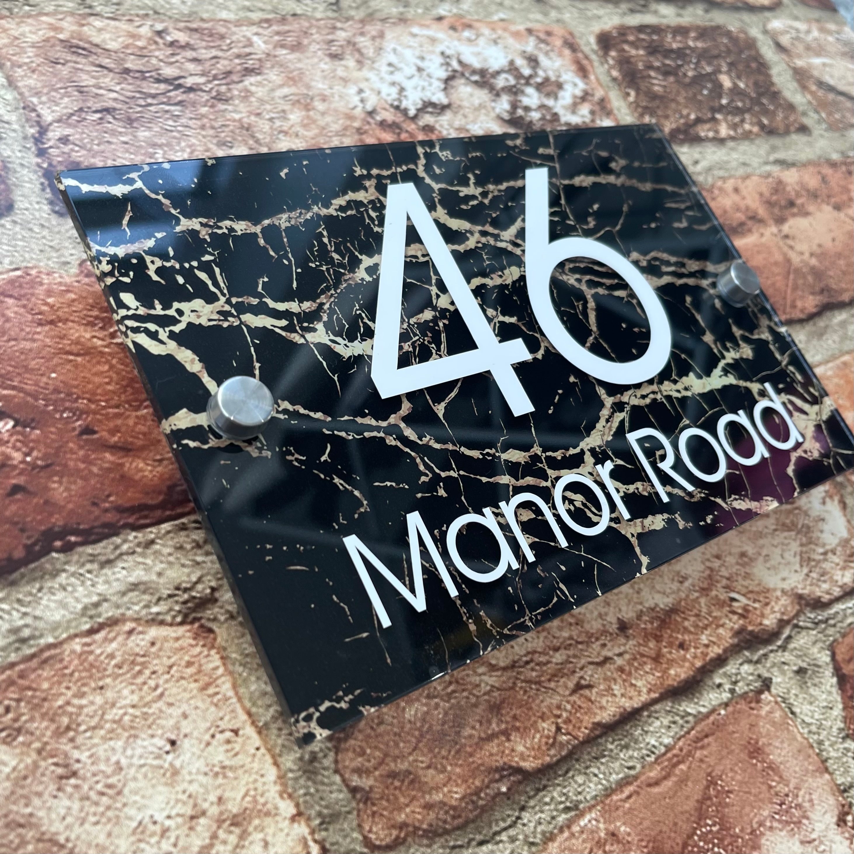 Black Marble Effect House Sign Plaque Door Number Personalised Name Acrylic Rectangle