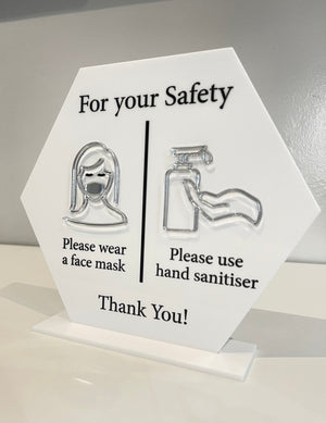 Acrylic Hexagon Freestanding Safety Sign, Salon Signage, Wash your Hands & Wear a Mask