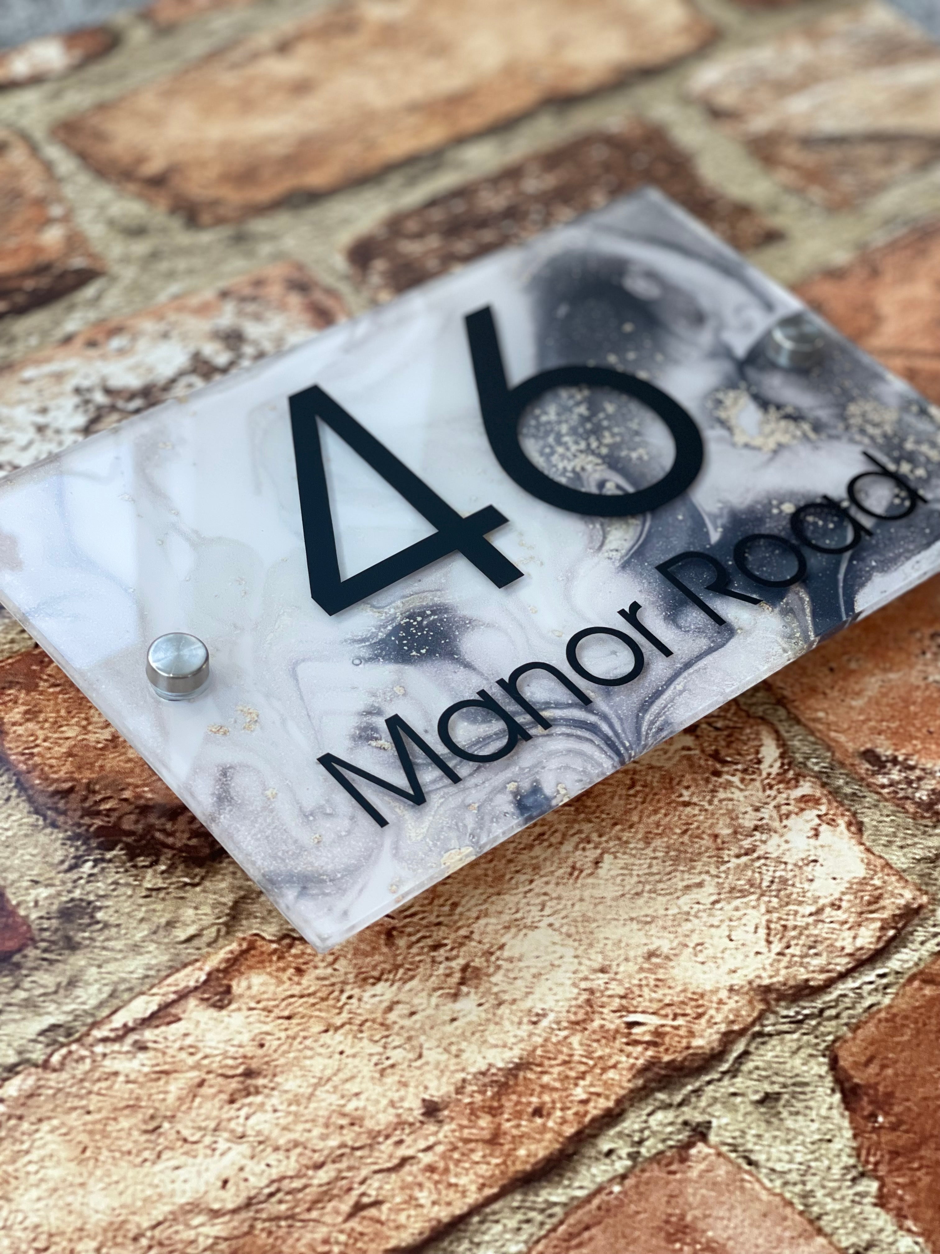 Grey Marble Effect House Sign Plaque Door Number Personalised Name Acrylic Rectangle