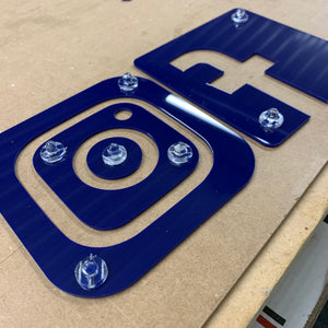 stand off acrylic letters laser cut, facebook and instagram logo with locators