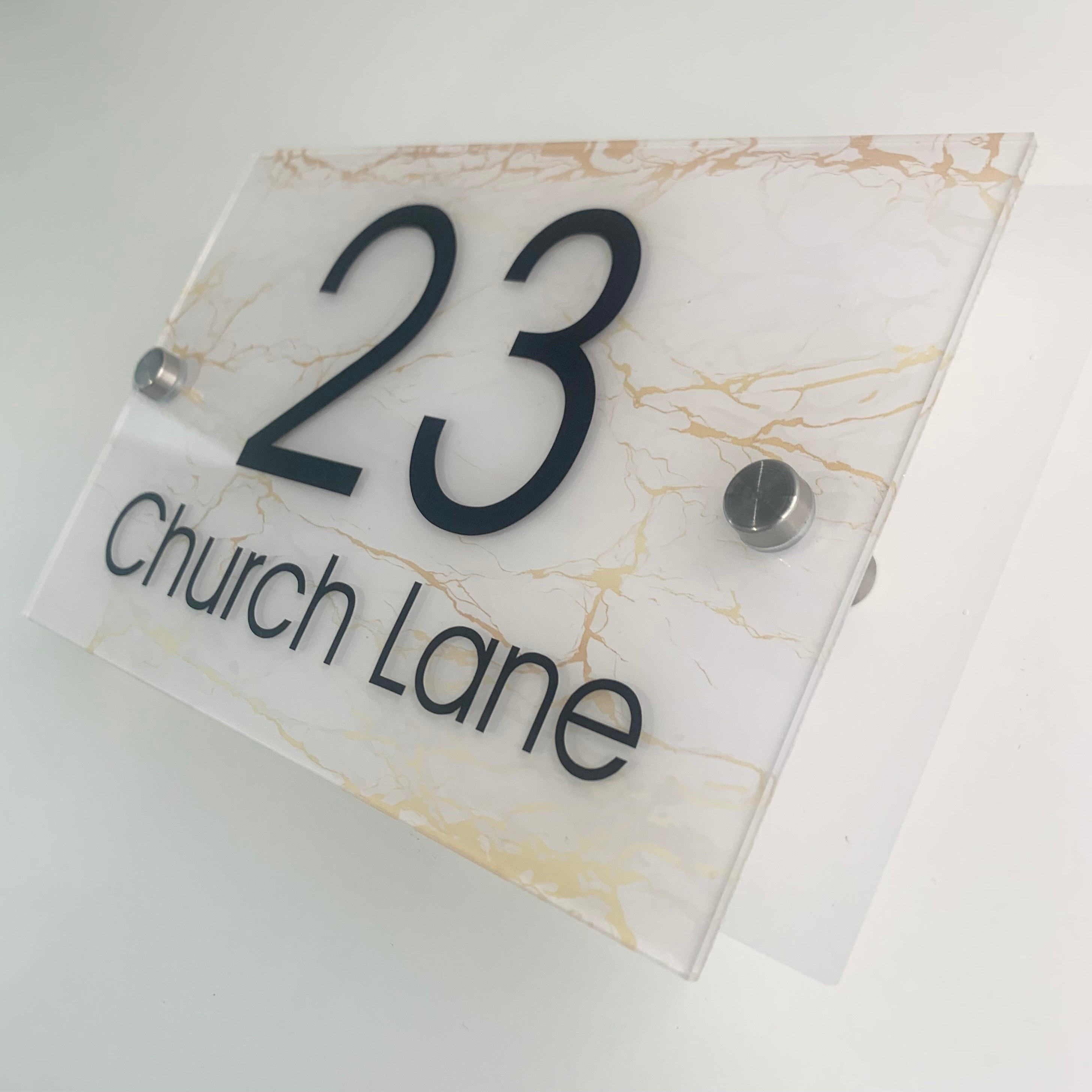 White Marble Effect House Sign Plaque Door Number Personalised Name Acrylic Rectangle
